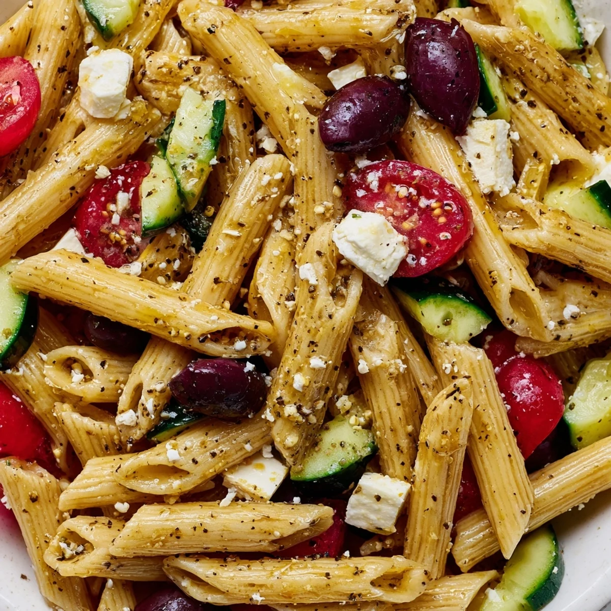 Colorful Greek pasta salad loaded with crisp vegetables, tangy feta, and briny olives in a bowl