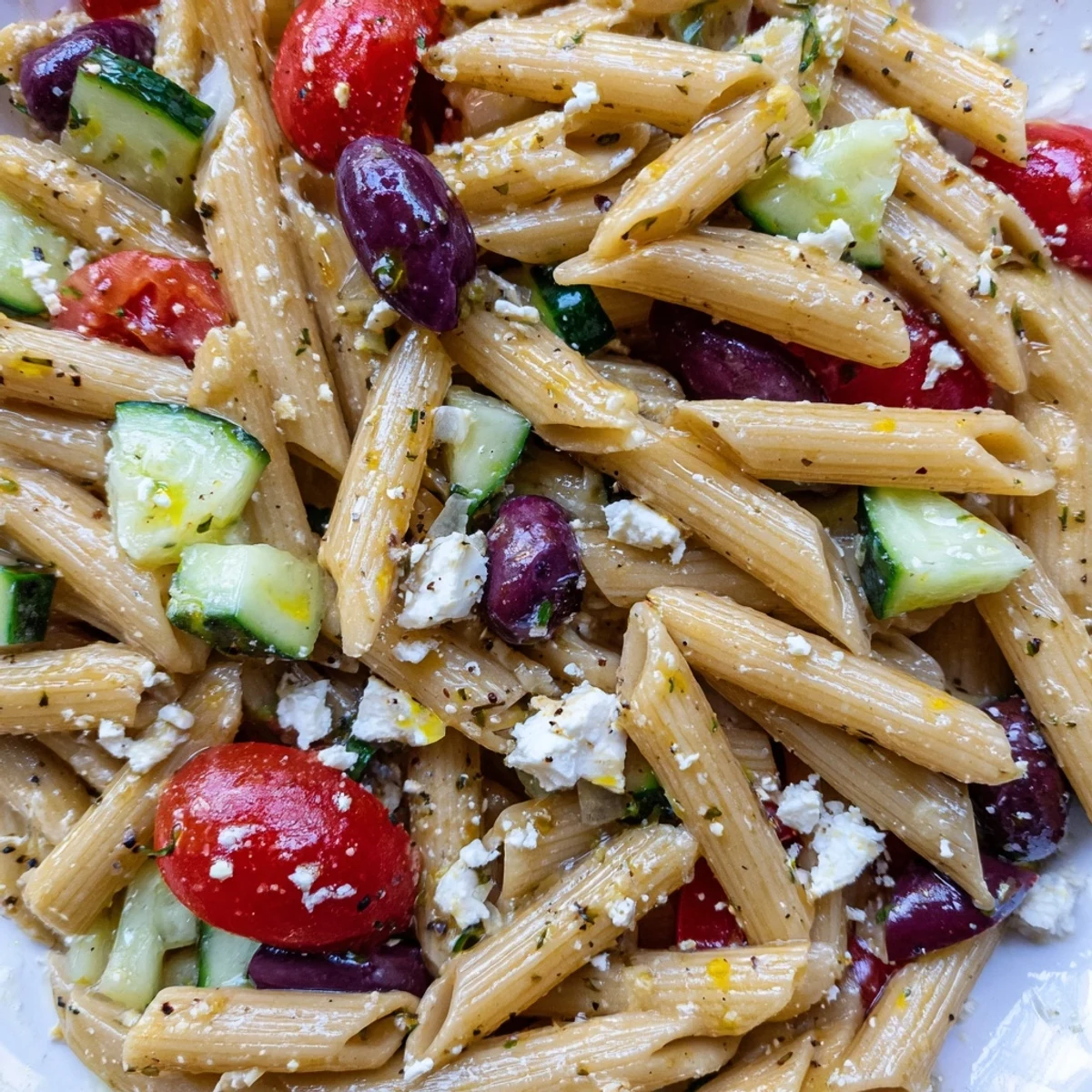 Creamy feta-topped Greek pasta salad featuring cherry tomatoes, cucumber, and zesty herb dressing