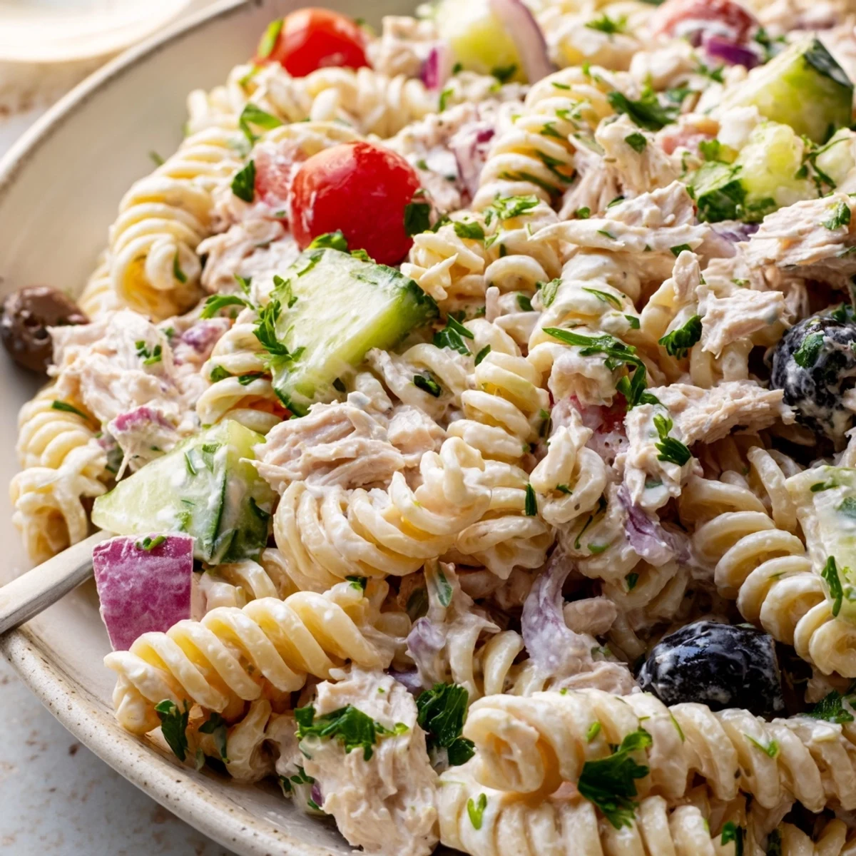 Chilled tuna pasta salad featuring crisp celery, juicy tomatoes, and tender spiral noodles