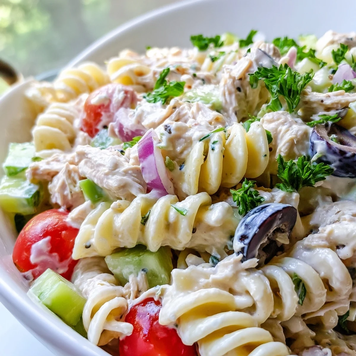 Creamy tuna pasta salad in a white bowl with colorful vegetables and fresh herbs