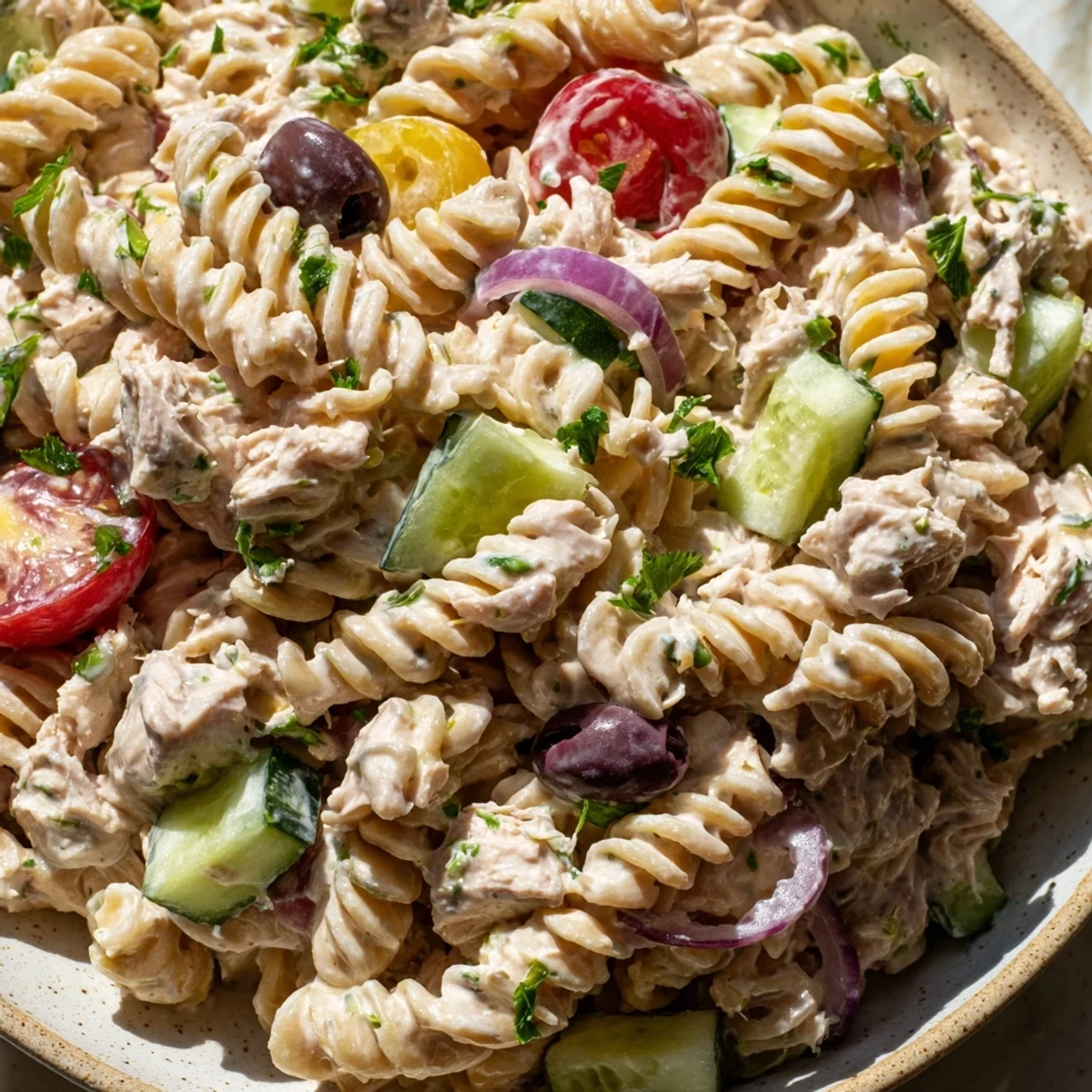 Tuna pasta salad garnished with black olives and parsley ready for summer picnics