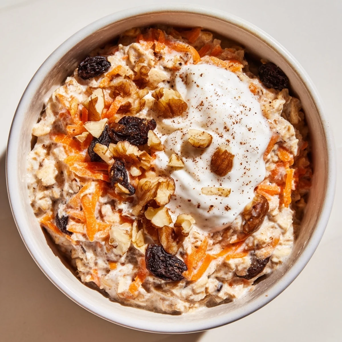 Creamy carrot cake overnight oats topped with chopped walnuts and a dusting of warm cinnamon