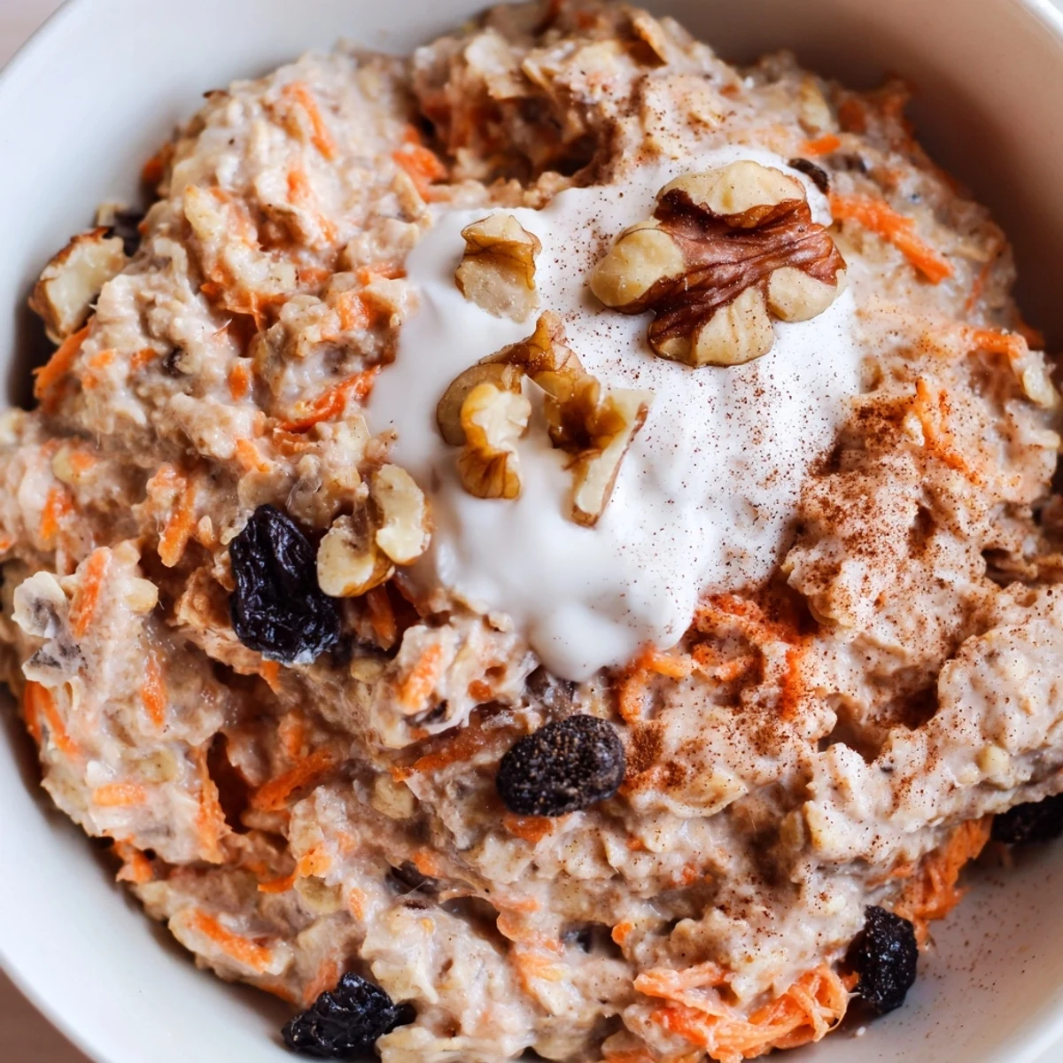 Carrot cake overnight oats in a mason jar with grated carrots, raisins, and crunchy pecans