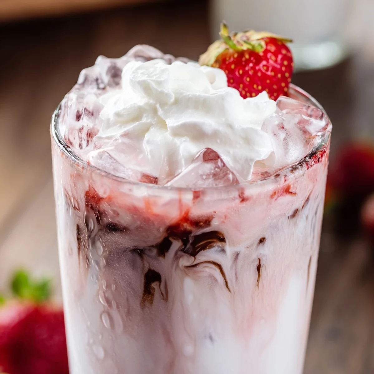 Creamy strawberry cold latte served over ice with fresh berry garnish and whipped cream topping