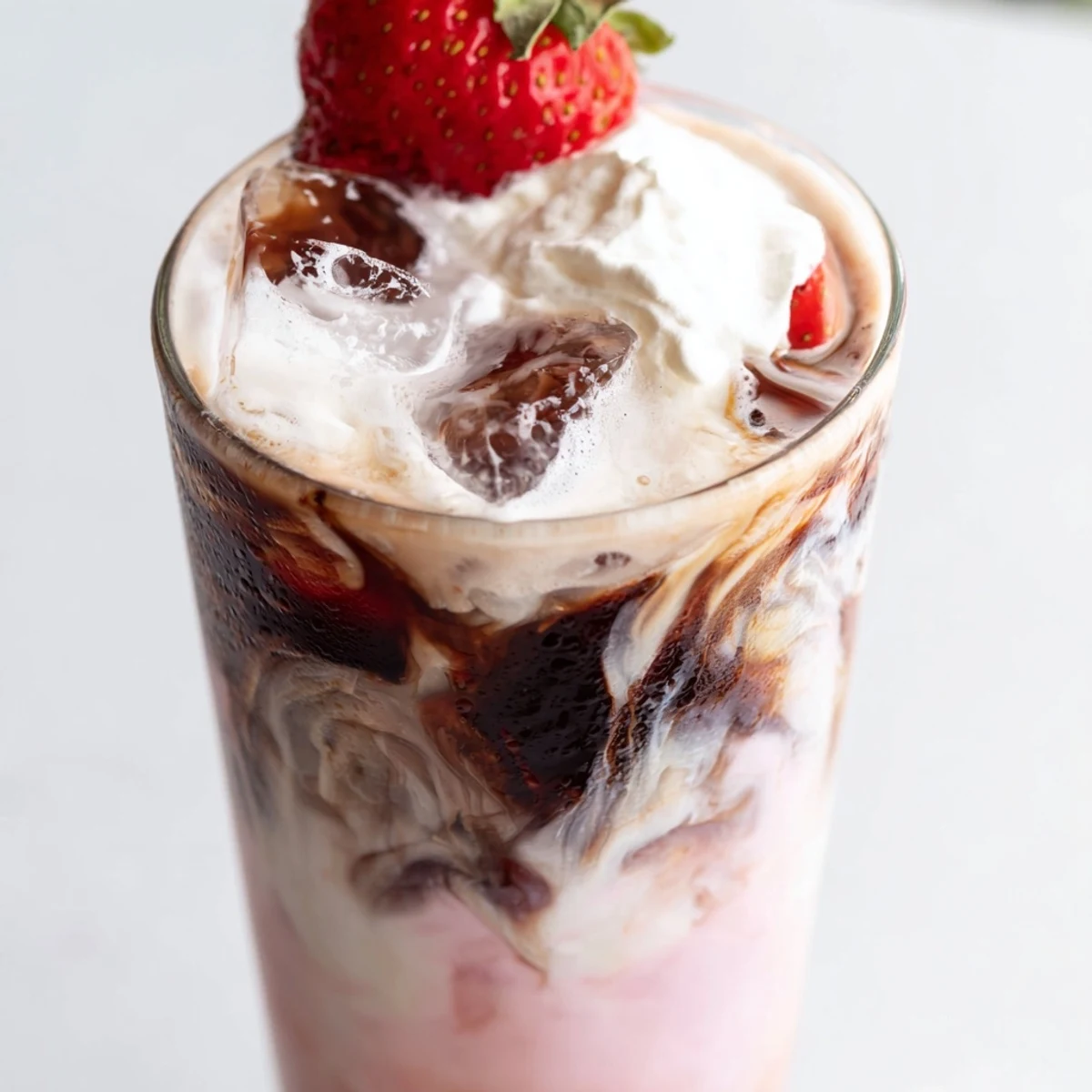 Homemade strawberry cream cold latte in tall glass showing beautiful layered pink and coffee colors