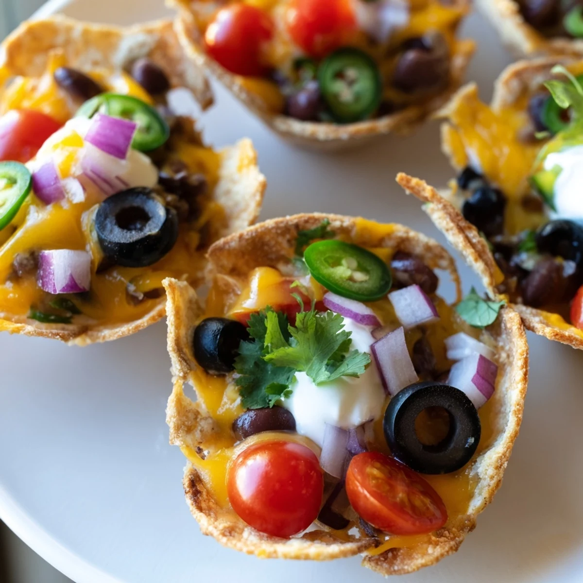 Golden cheesy nacho cups bubbling with melted cheddar and colorful fresh toppings arranged on a platter