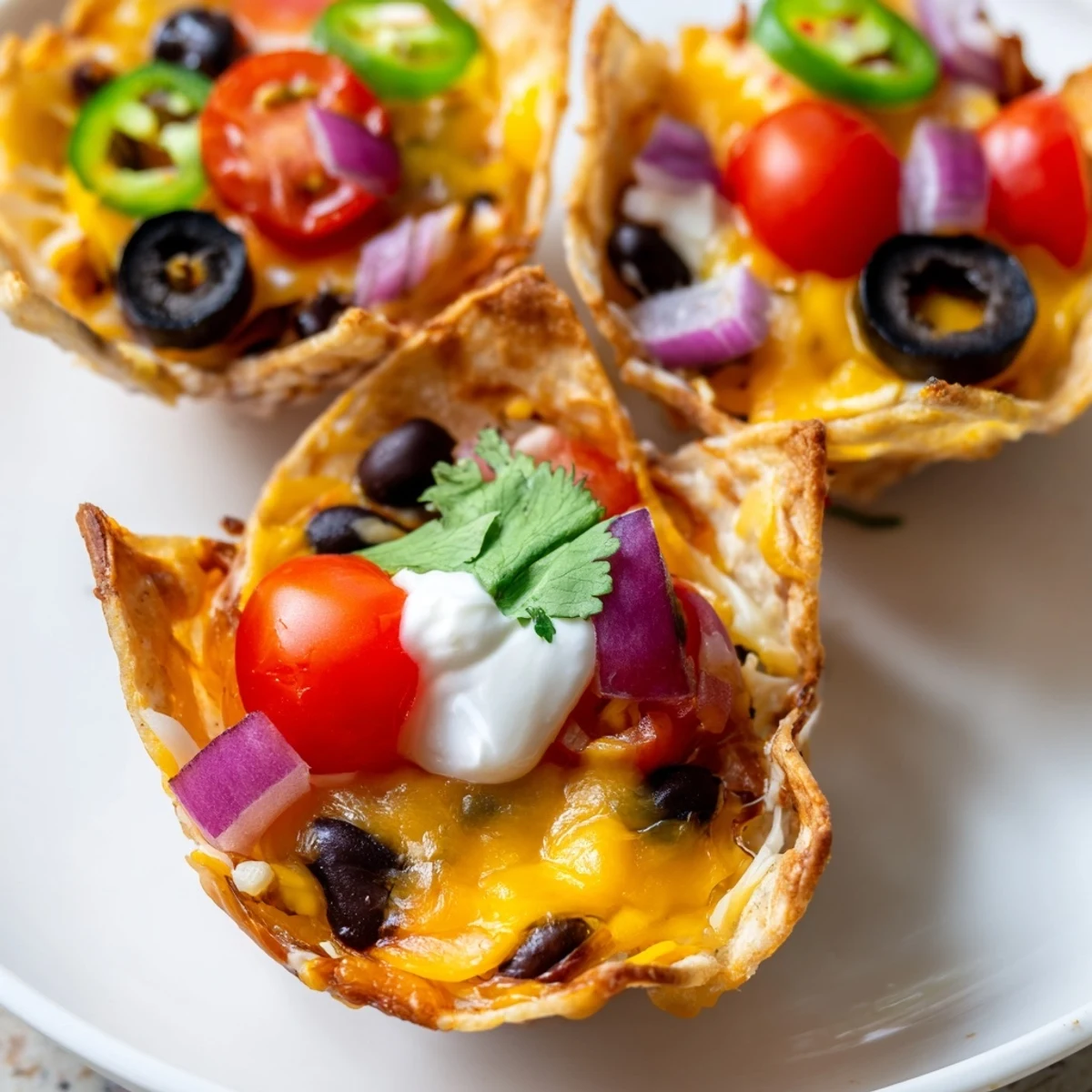 Crispy tortilla scoop chips overflowing with gooey Monterey Jack cheese beans and zesty jalapeño slices