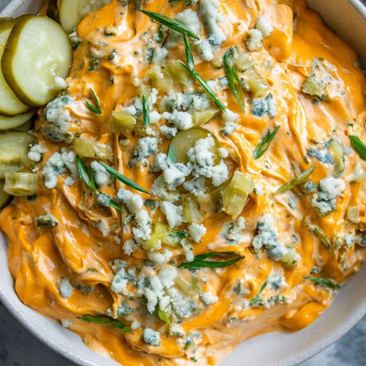 Creamy buffalo pickle dip in a serving bowl surrounded by crispy chips and fresh veggie sticks