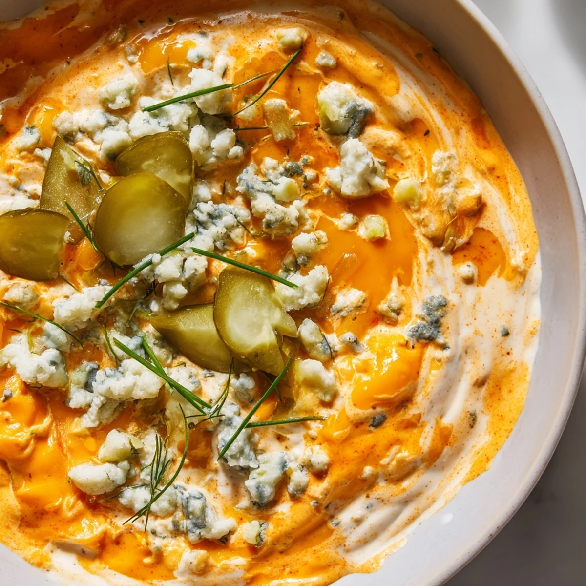 Tangy buffalo pickle dip topped with cheddar cheese and fresh chives on a rustic wooden board