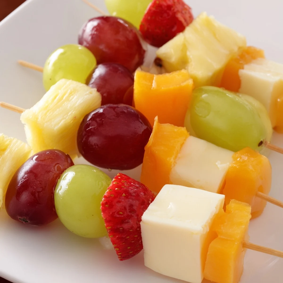 Fruit and cheese kabobs arranged on a platter with colorful grapes, strawberries, pineapple, and cubed cheddar cheese