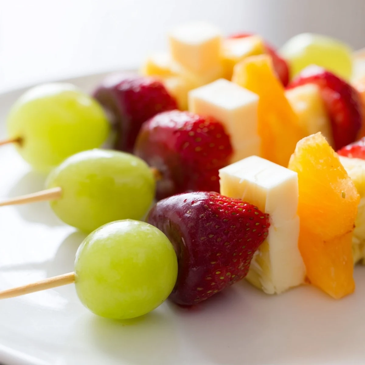 Colorful fruit and cheese kabobs featuring alternating red grapes, pineapple chunks, and creamy Monterey Jack cheese skewers