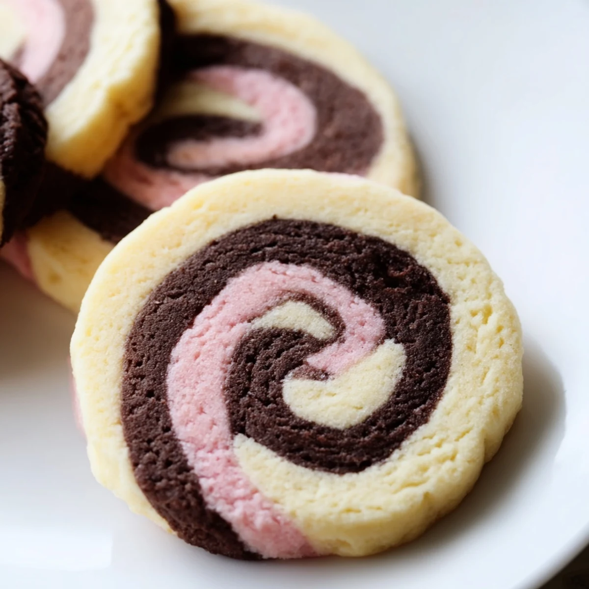 Colorful Neapolitan Swirl Cookies showing chocolate, vanilla, and strawberry spirals on a white plate