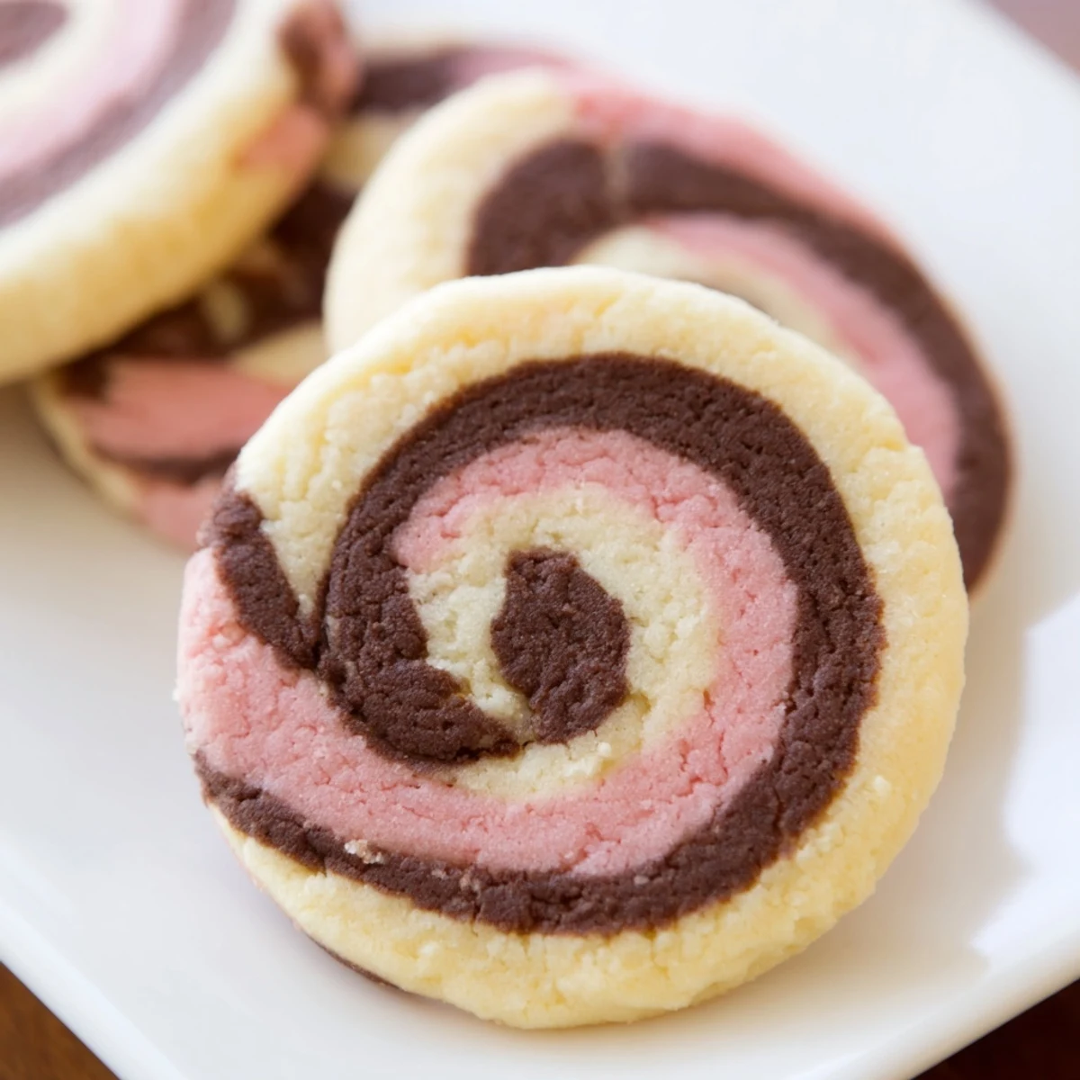 Soft Neapolitan Swirl Cookies with tri-colored pinwheel design freshly baked until edges are golden