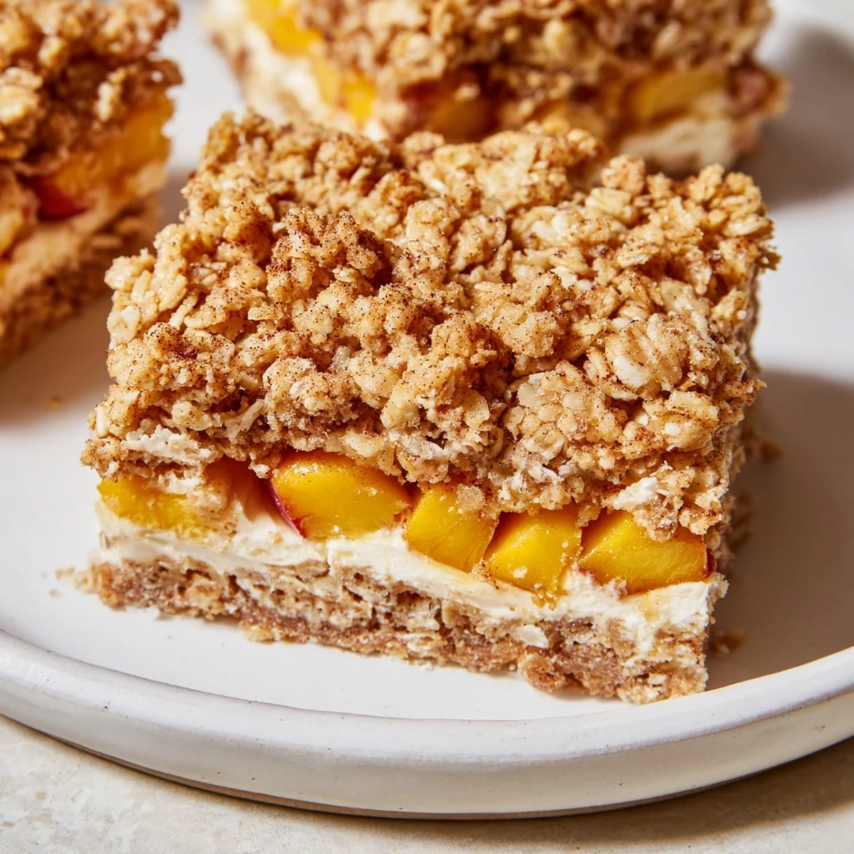 Golden Peaches and Cream Crumble Bars with buttery oat topping on a rustic wooden cutting board
