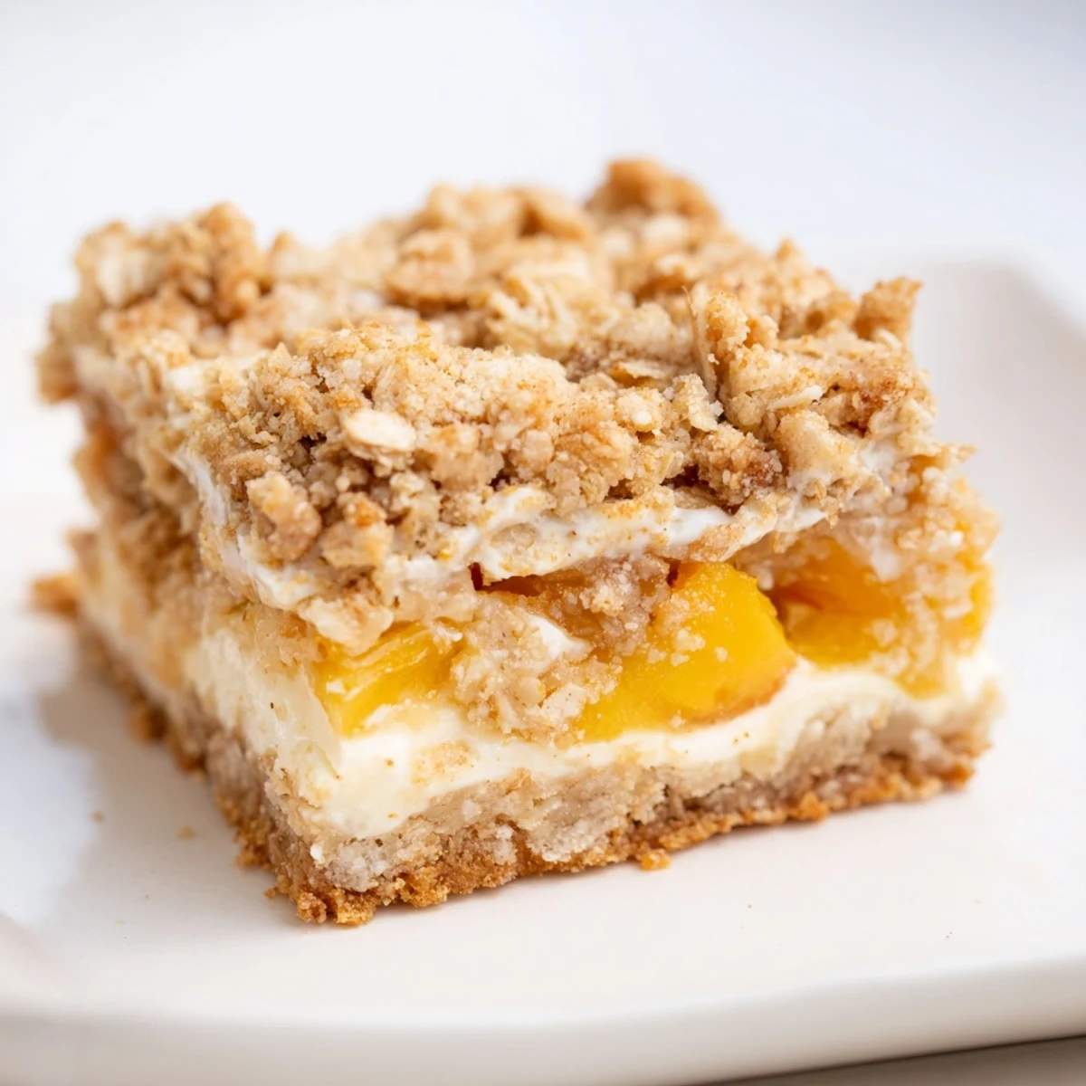 Creamy peach-filled dessert bars with crumbly oat crust cut into perfect squares for serving