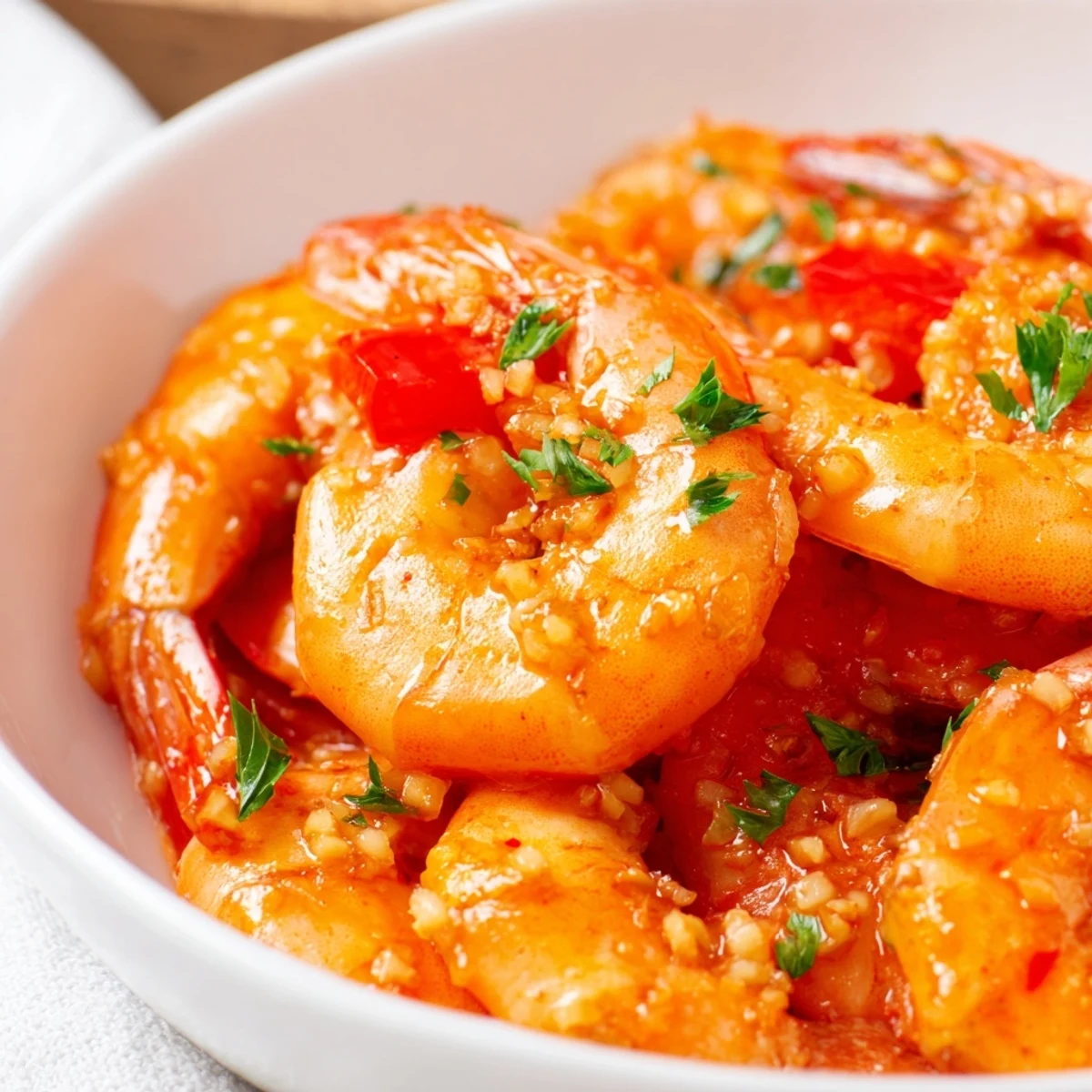 Golden garlic paprika shrimp skillet glistening with olive oil and fresh parsley garnish