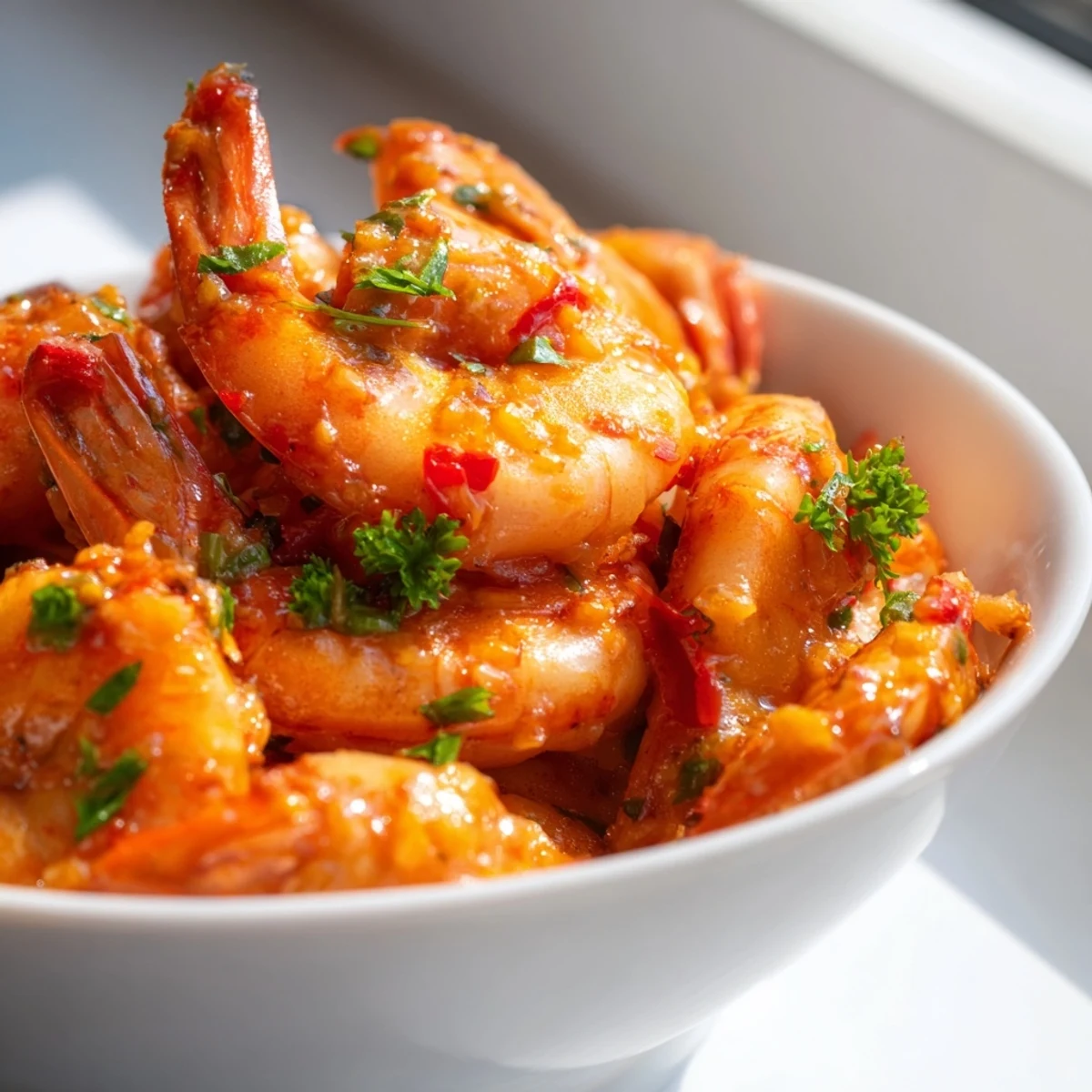 Sizzling garlic paprika shrimp skillet with pink succulent shrimp and diced red peppers