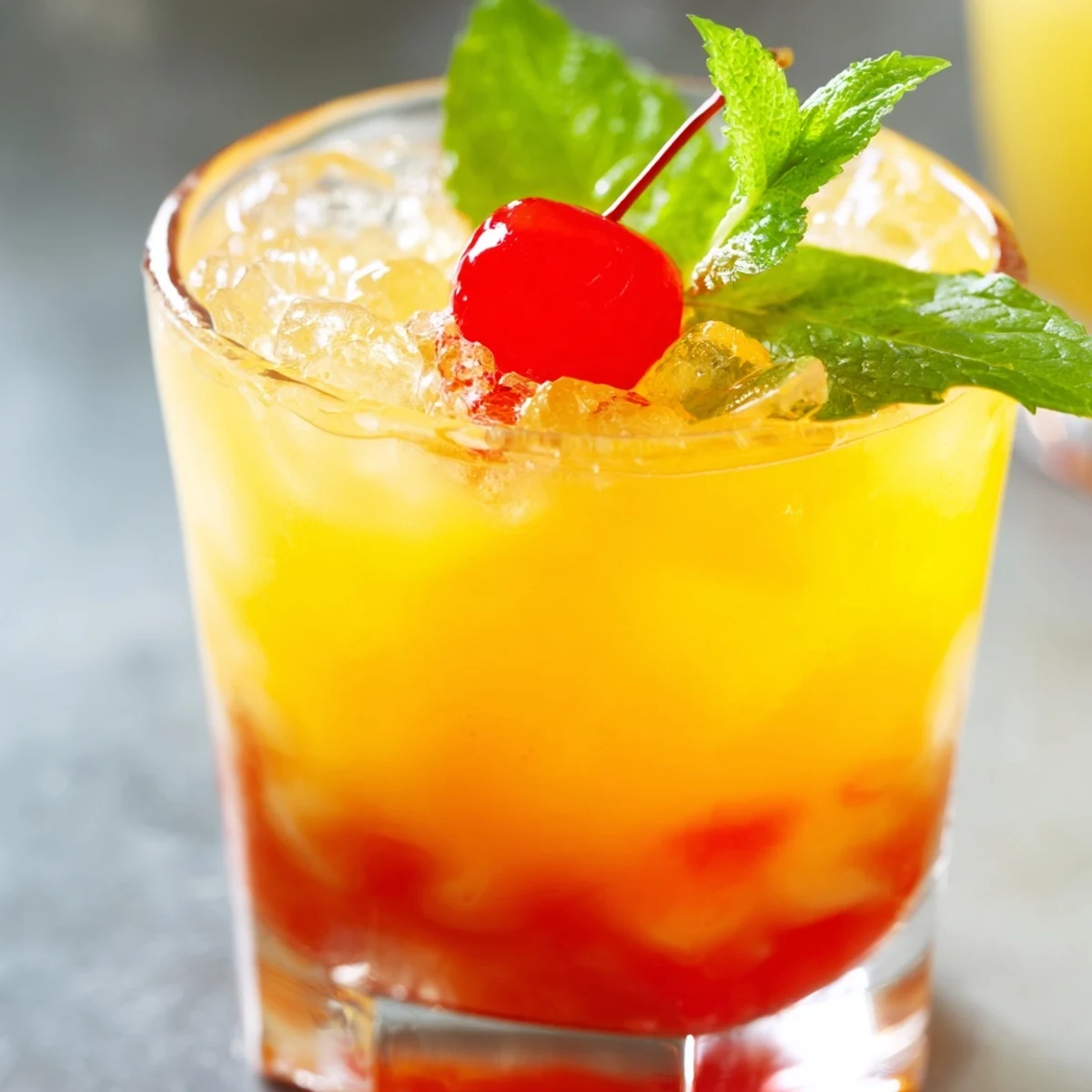Golden non alcoholic mai tai mocktail with cherries and orange slice garnish on crushed ice