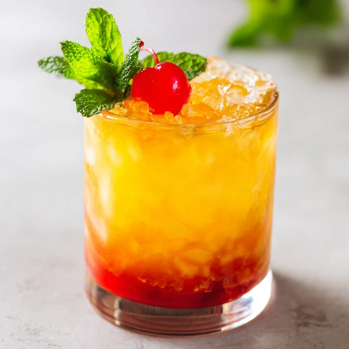 Tropical non alcoholic mai tai in rocks glass showing layered grenadine and fruit juices
