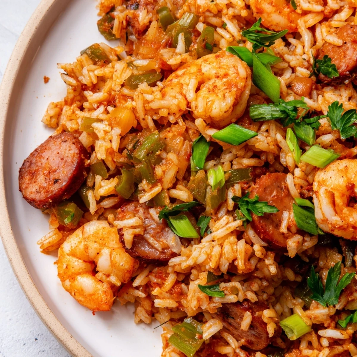 Golden shrimp and sausage dirty rice garnished with fresh scallions in cast iron skillet