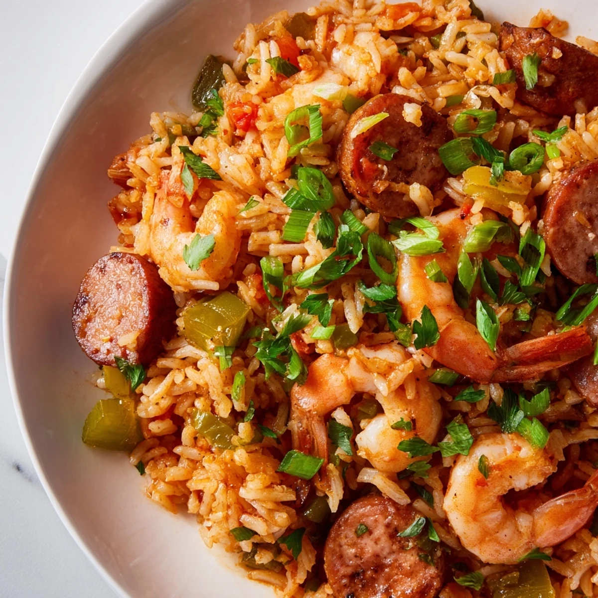 Hearty shrimp and sausage dirty rice with tender vegetables and aromatic Creole seasonings