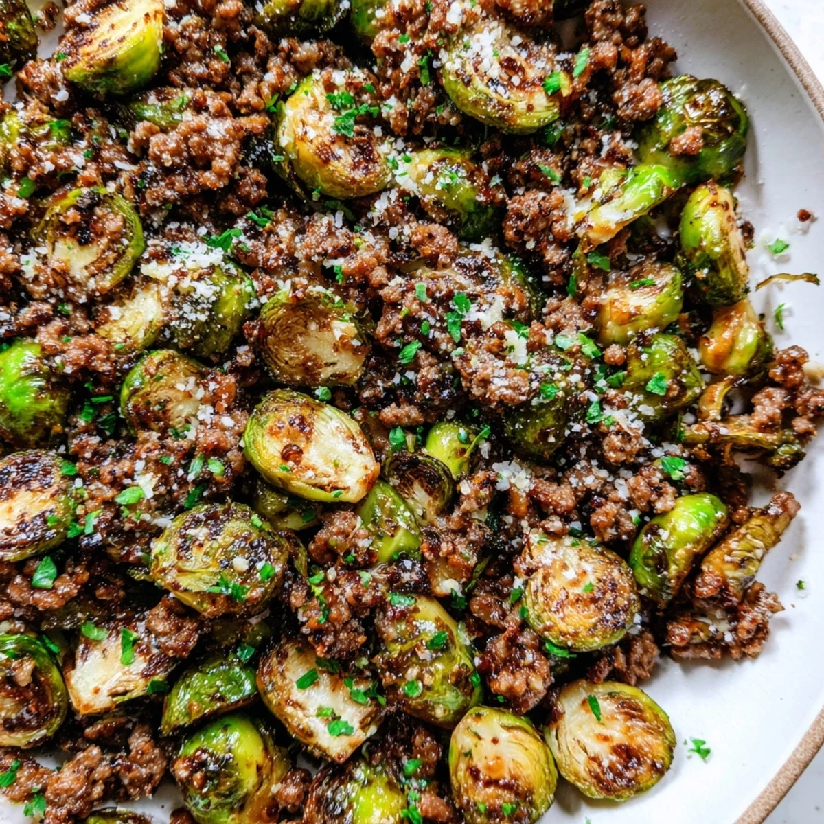 Savory ground beef and Brussels sprouts skillet with caramelized edges and fresh parsley garnish