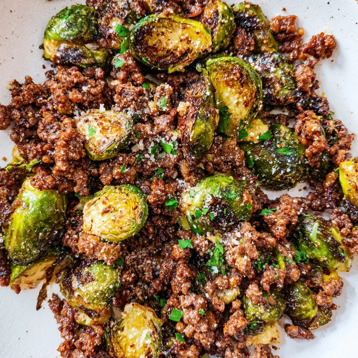 Golden pan-seared Brussels sprouts with ground beef in a hearty weeknight dinner cast iron skillet