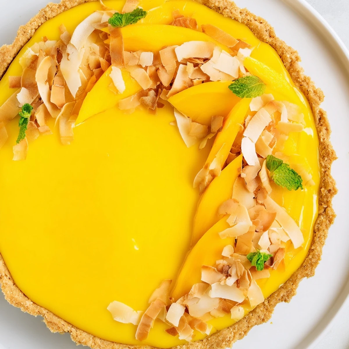 Golden mango curd tart topped with fresh mango slices and toasted coconut flakes