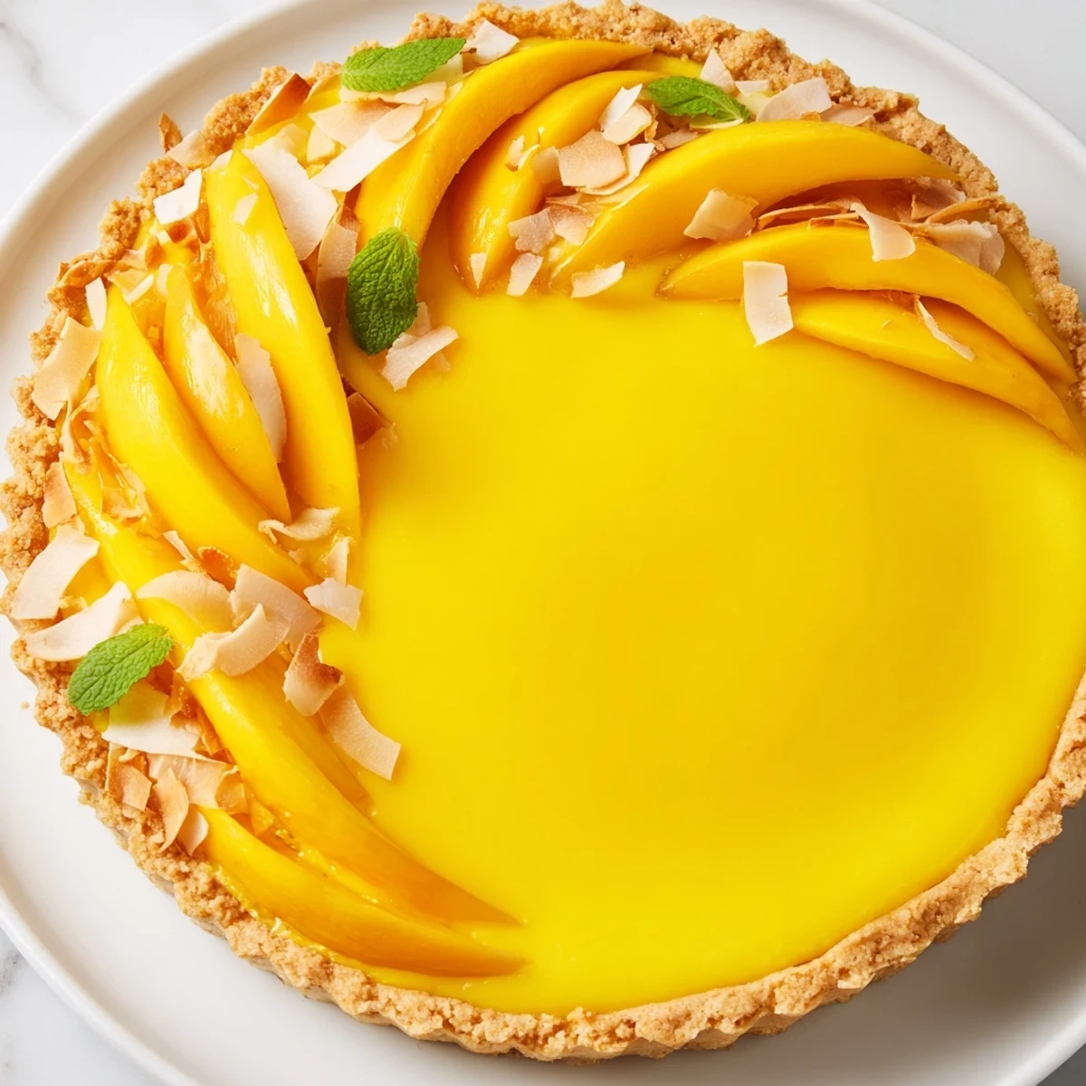 Silky mango curd tart in a buttery crust garnished with mint leaves