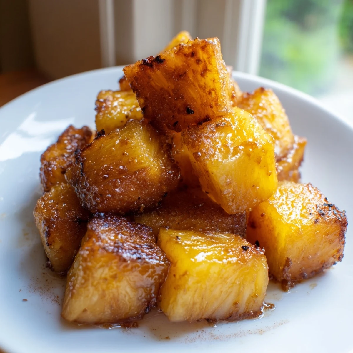Golden caramelized air fryer pineapple chunks with crispy edges served warm on a plate