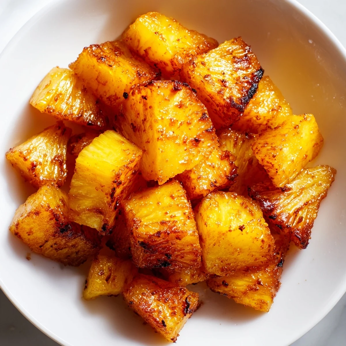 Sweet cinnamon-dusted air fryer pineapple chunks glistening with caramelized sugar in a bowl
