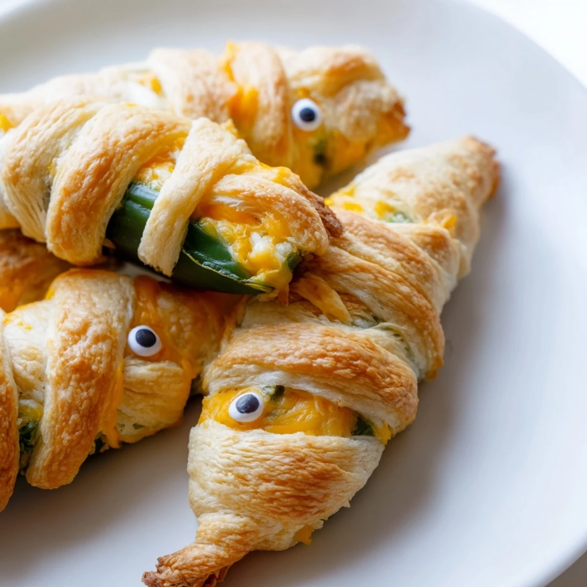 Mummy Jalapeno Poppers with golden crescent dough bandages and spooky candy eyes on parchment