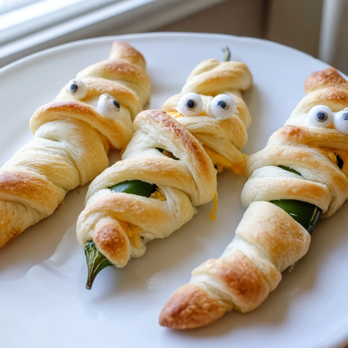 Creamy cheesy Mummy Jalapeno Poppers fresh from the oven served warm with dipping sauce