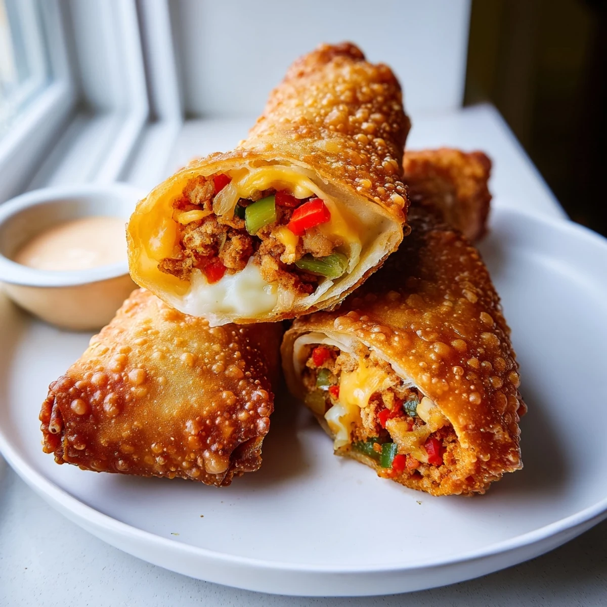 Golden crispy Voodoo Egg Rolls served hot with spicy remoulade dipping sauce on a rustic plate