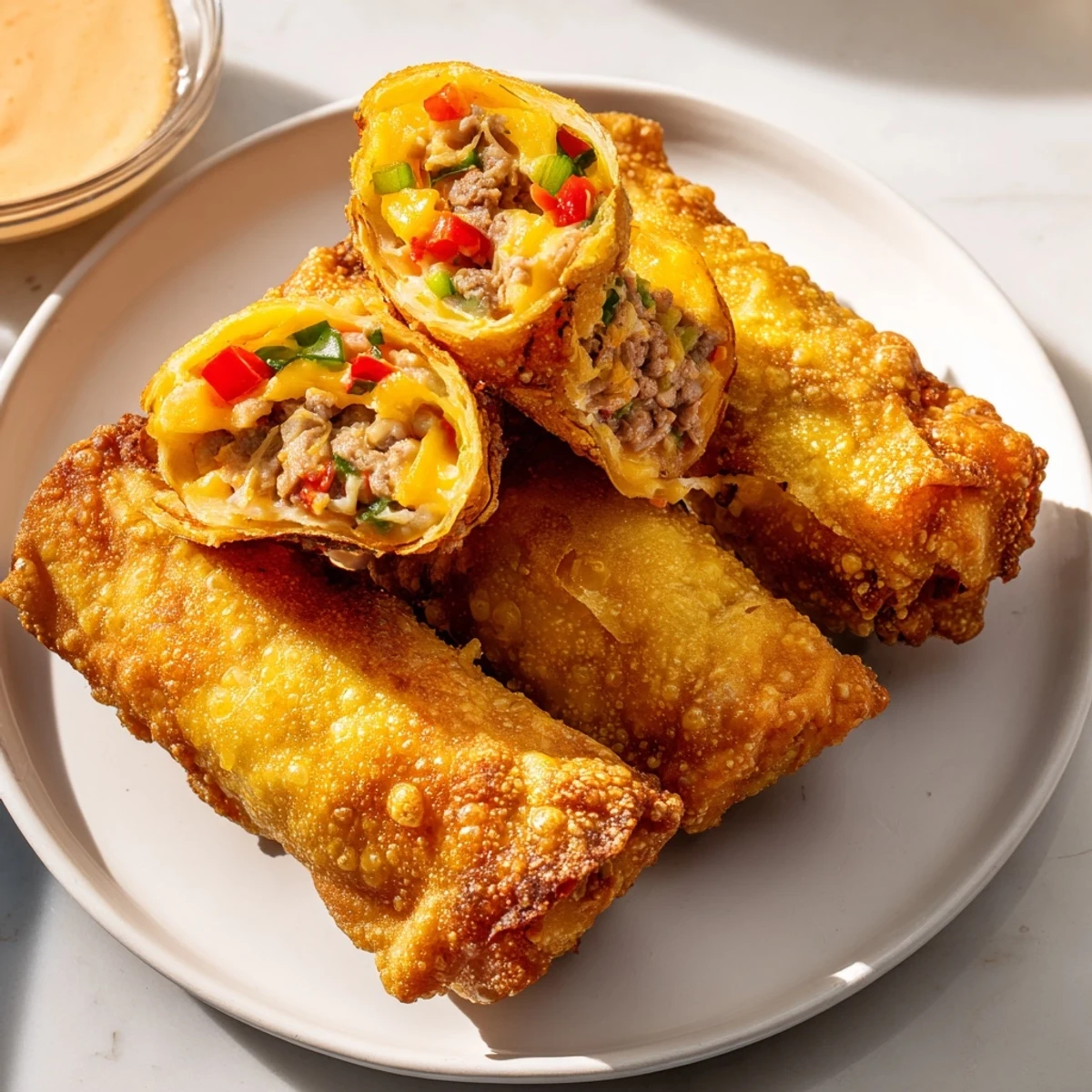 Close-up of perfectly fried Voodoo Egg Rolls showing the savory Cajun filling oozing with melted cheese