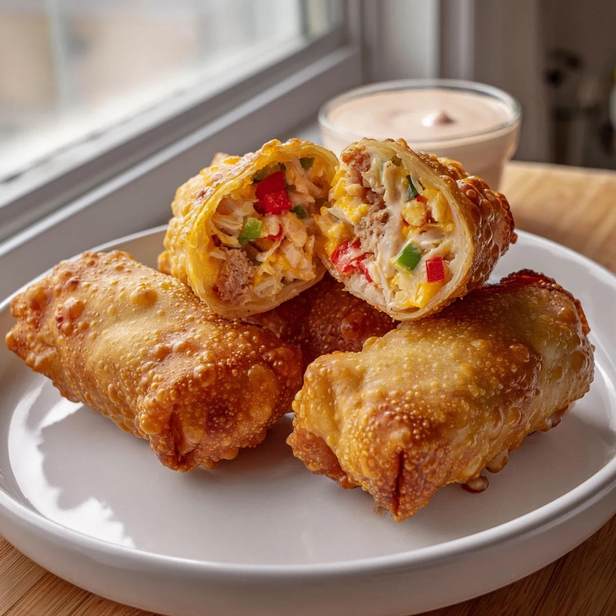 Crunchy Voodoo Egg Rolls stuffed with andouille sausage peppers and melted cheddar fresh from the fryer