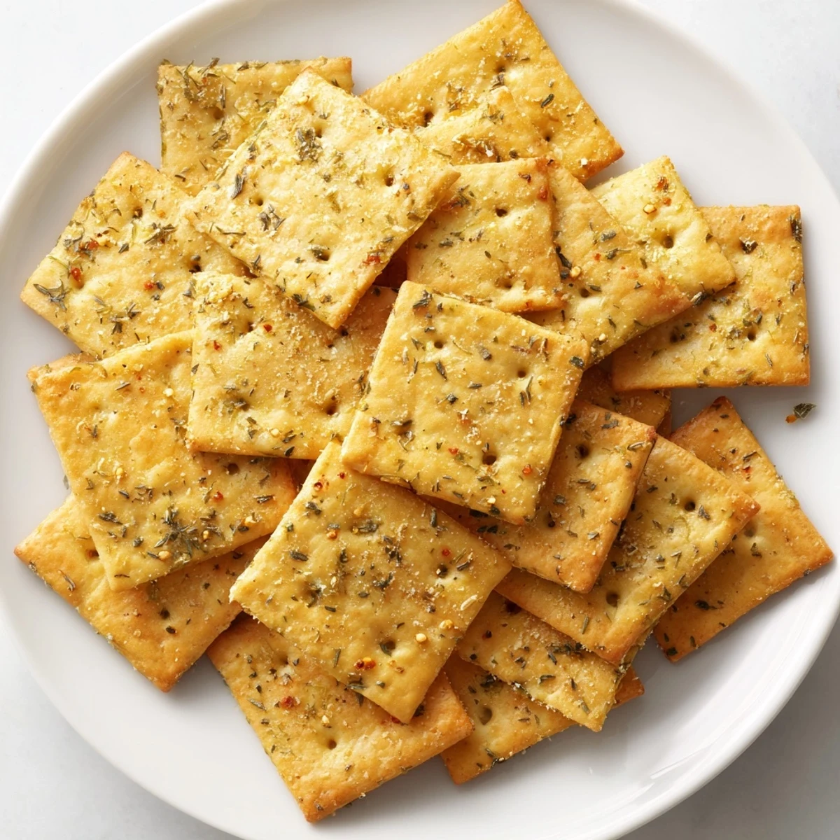 Golden Dill Pickle Saltines arranged on a parchment-lined sheet with flecks of green dill