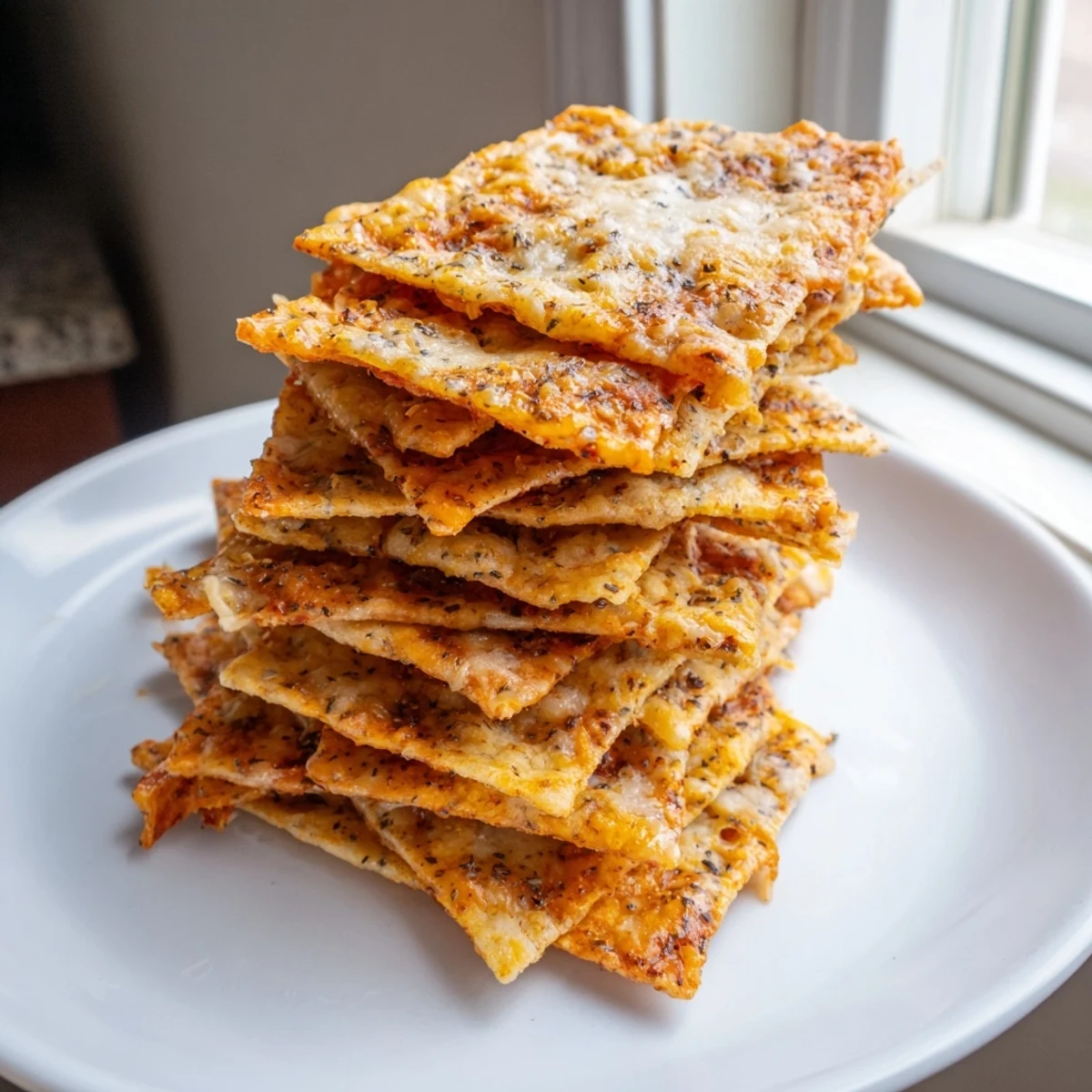 Golden taco crackers topped with melted cheddar and dried oregano on parchment paper