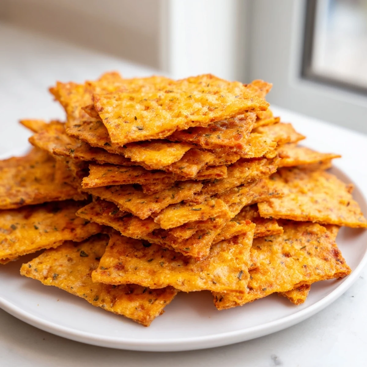 Crispy spiced taco crackers arranged on a rustic wooden serving board
