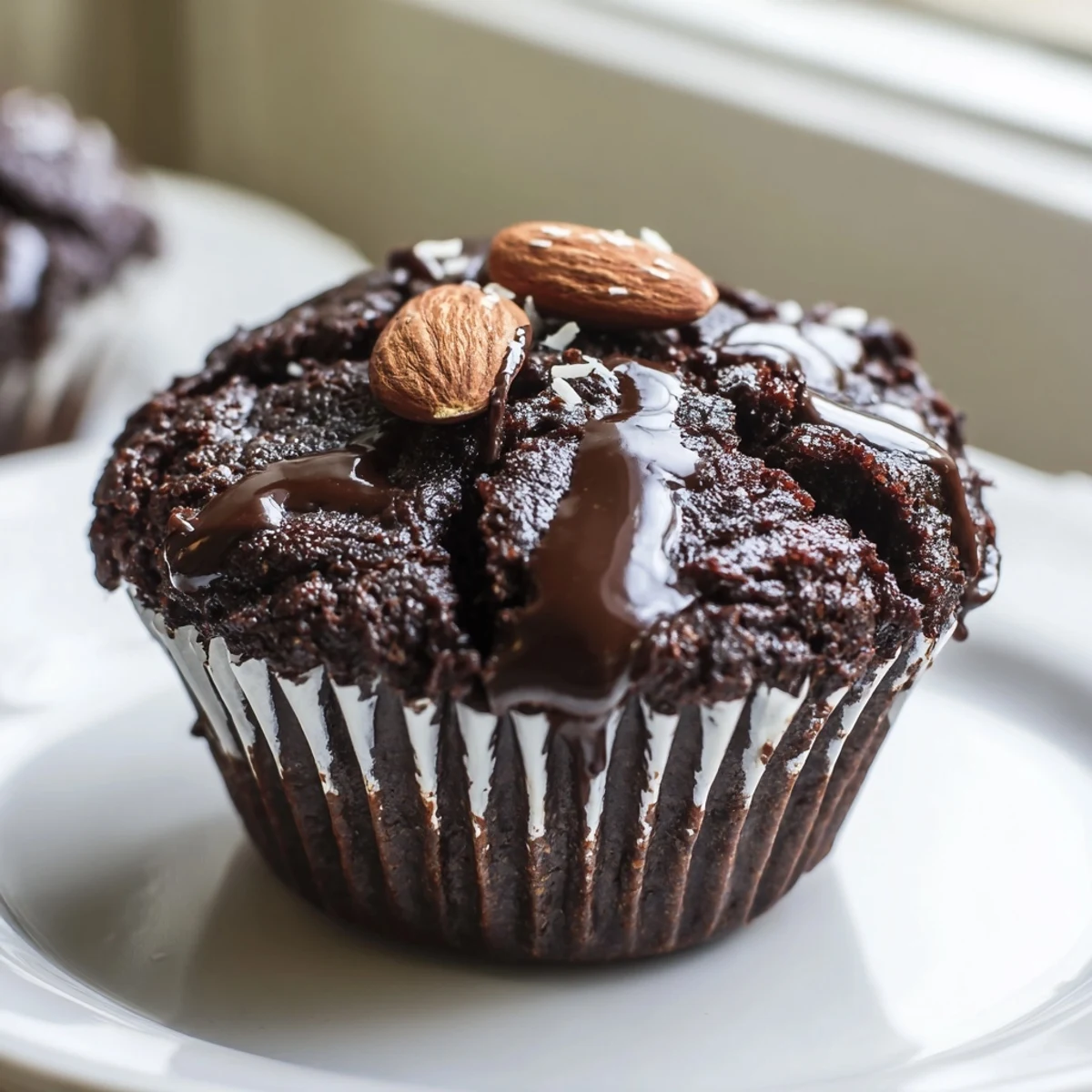 Rich Flourless Almond Joy Cupcakes drizzled with melted chocolate and topped with roasted almonds on a rustic wire rack