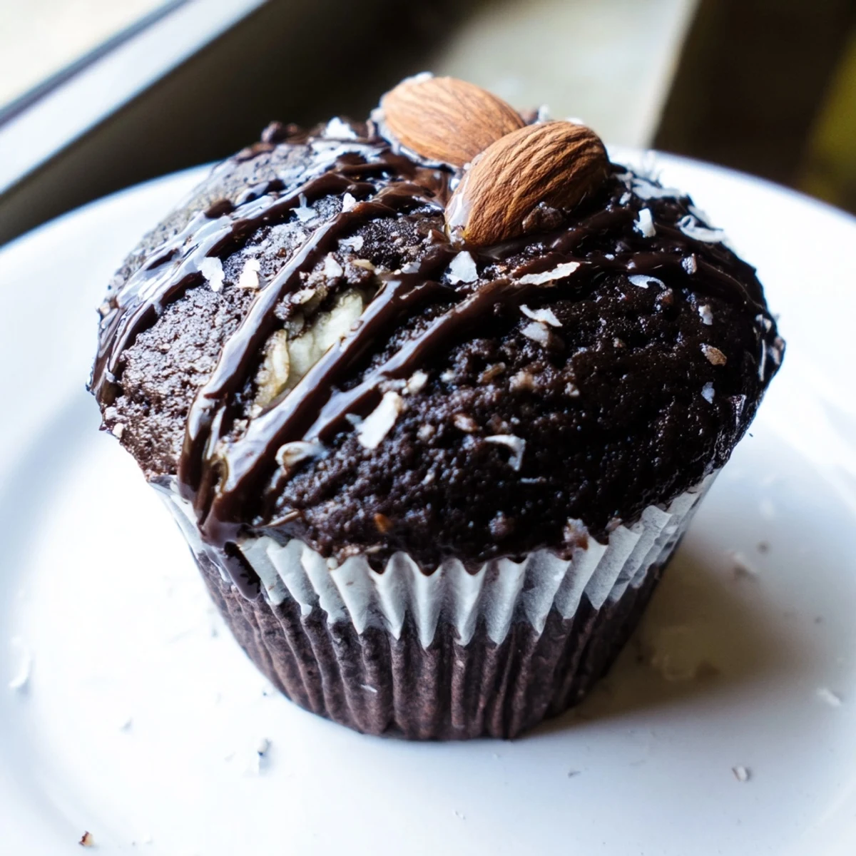 Decadent Flourless Almond Joy Cupcakes with glossy chocolate ganache, sweet coconut centers, and a sprinkle of crushed almonds