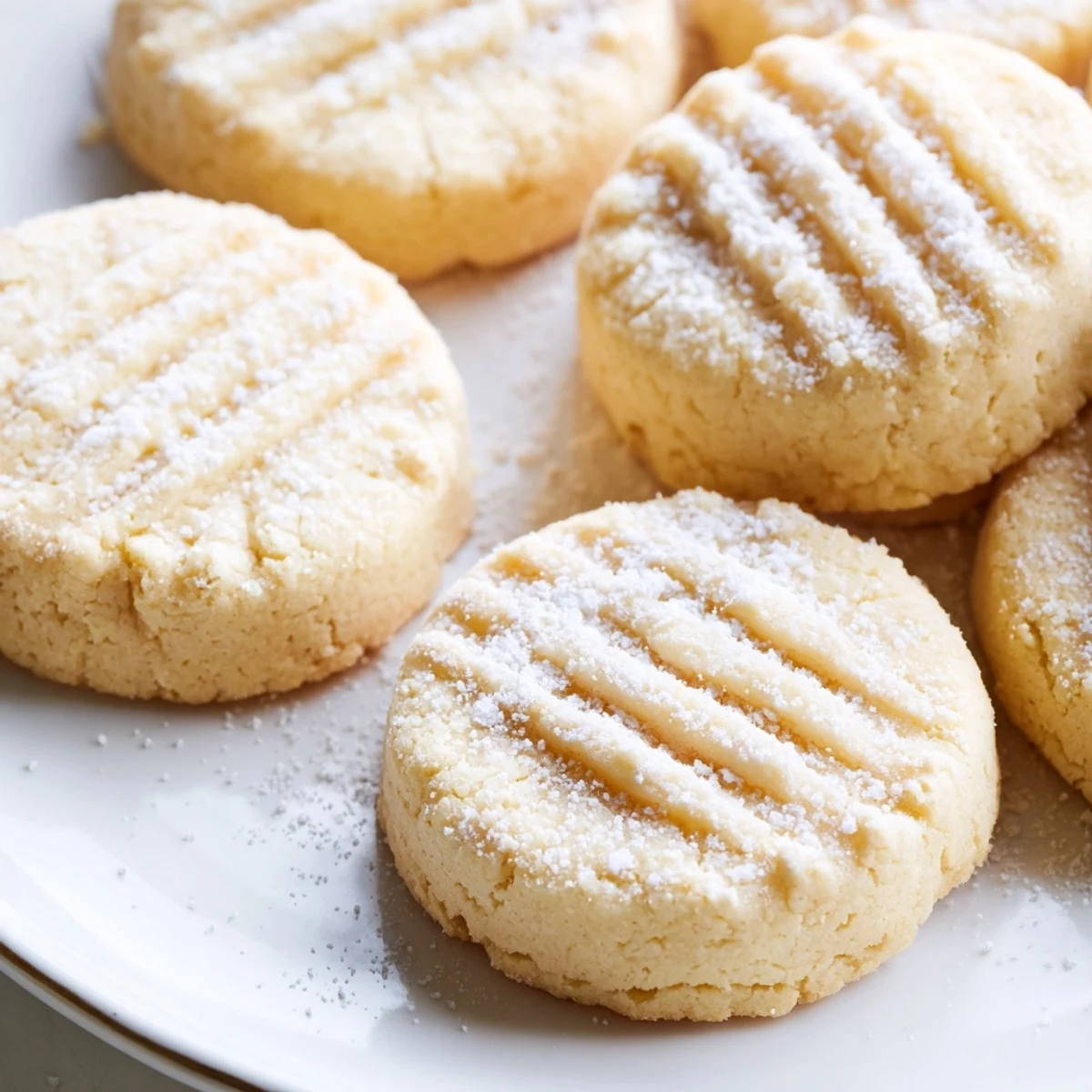 Golden Grandma's Secret Butter Cookies dusted with powdered sugar on a rustic wooden board