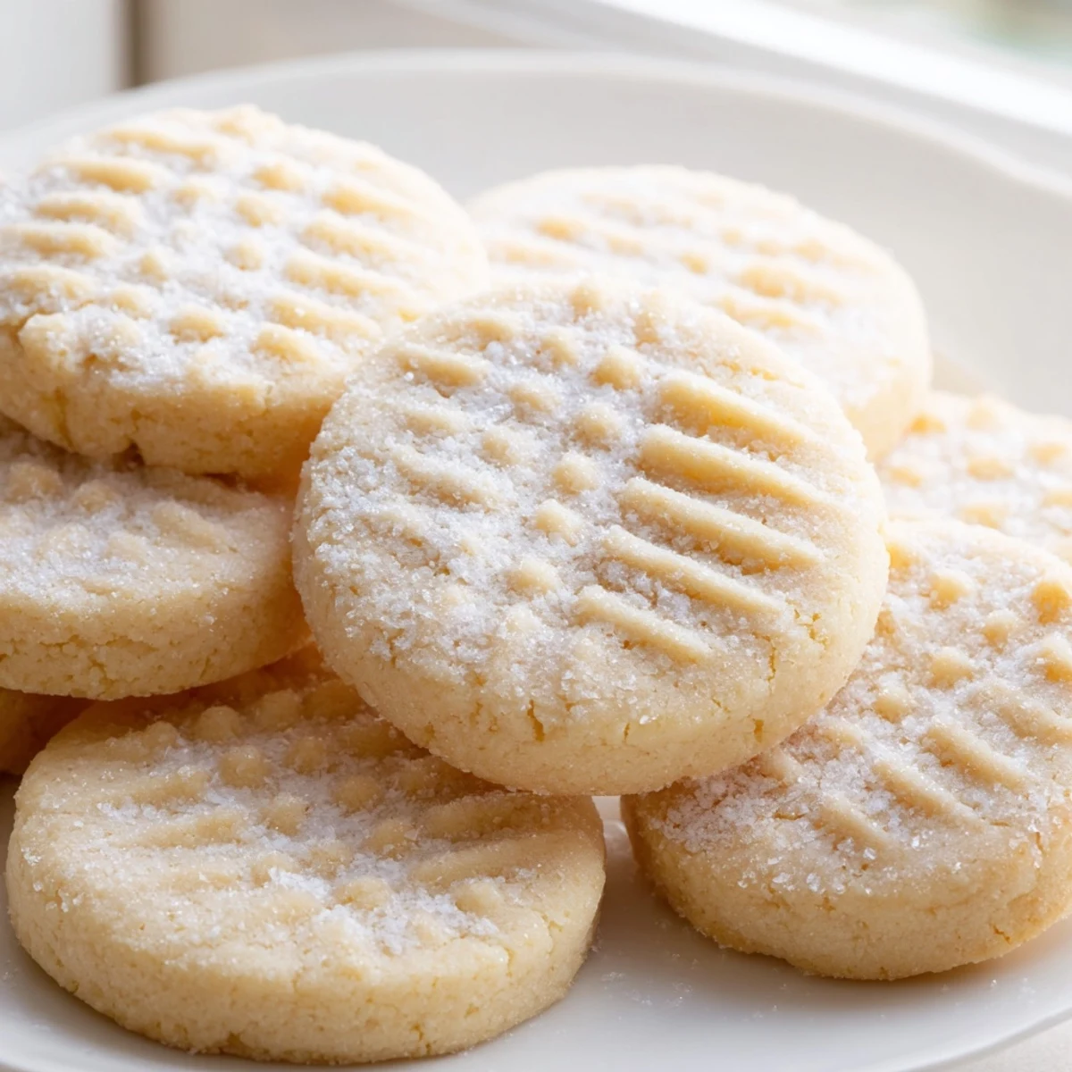 A plate of tender Grandma's Secret Butter Cookies served alongside a steaming cup of tea