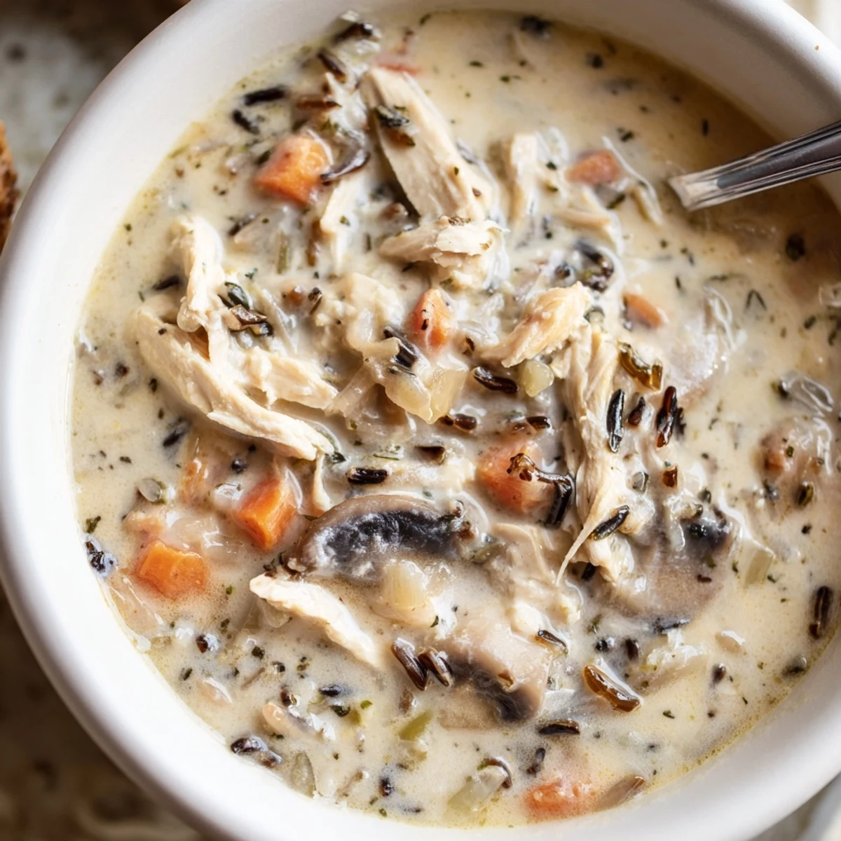 Steaming bowl of creamy slow cooker chicken mushroom wild rice soup with shredded chicken.