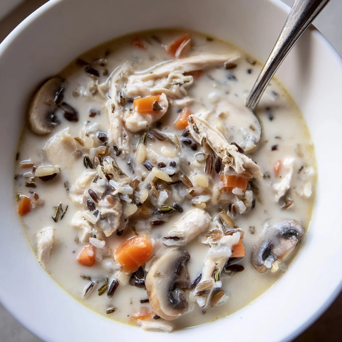 Golden creamy slow cooker chicken mushroom wild rice soup garnished with fresh thyme sprigs.