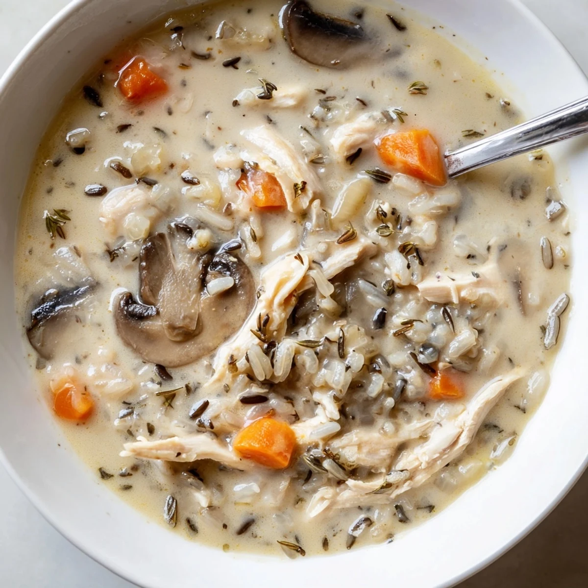 Hearty creamy slow cooker chicken mushroom wild rice soup ladled over crusty bread slices.