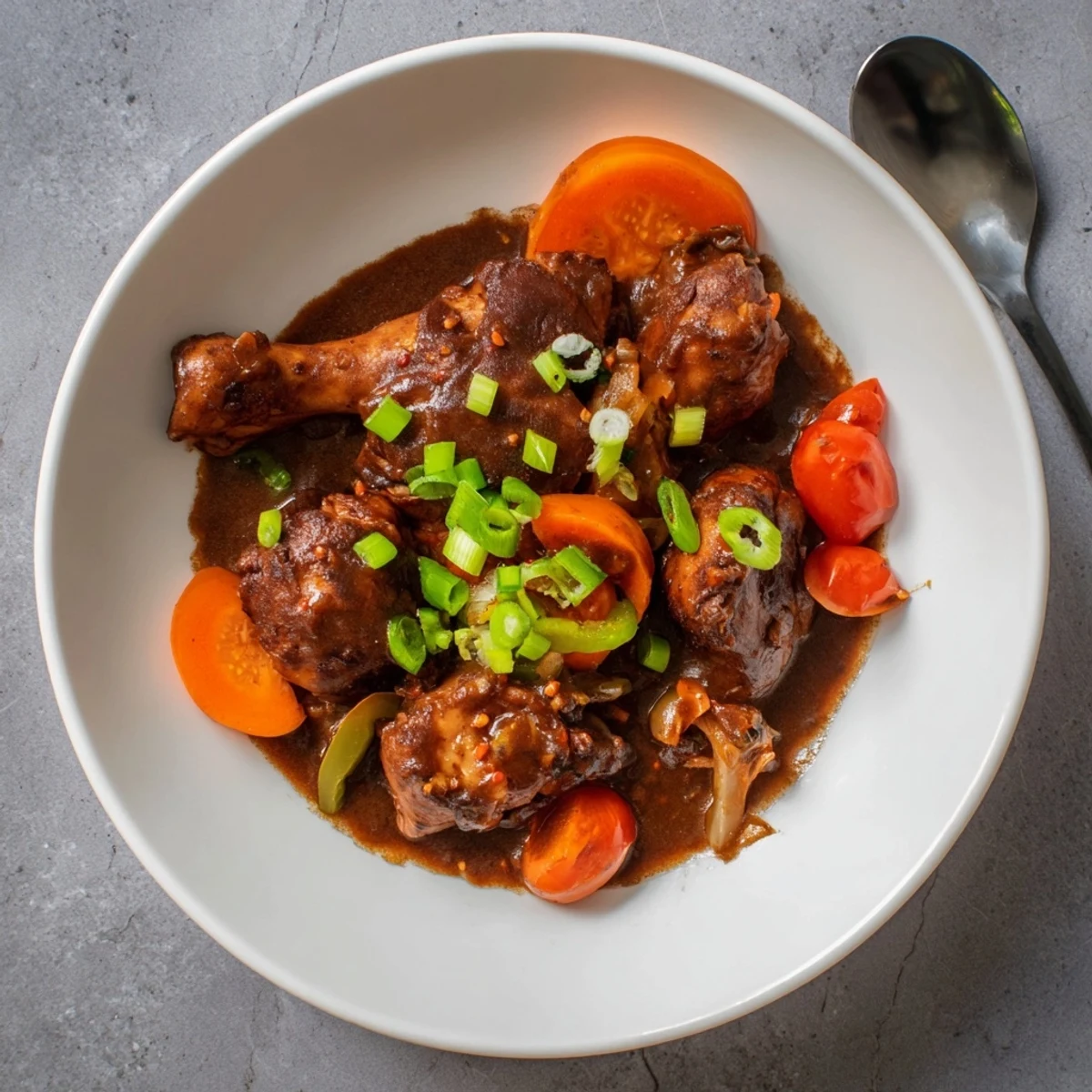 Golden-seared Jamaican brown stew chicken served over steamed white rice with thick savory sauce