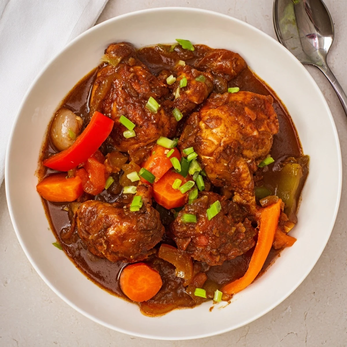 Juicy Jamaican brown stew chicken in a deep brown sauce with sliced bell peppers and carrots