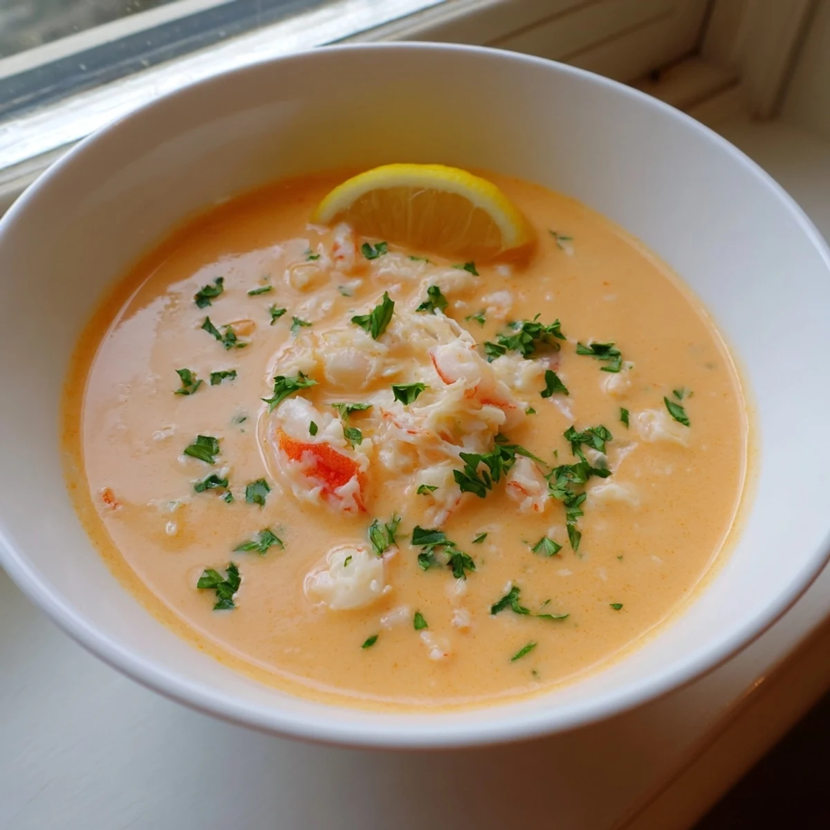 Steaming bowl of creamy crab and shrimp bisque garnished with fresh parsley