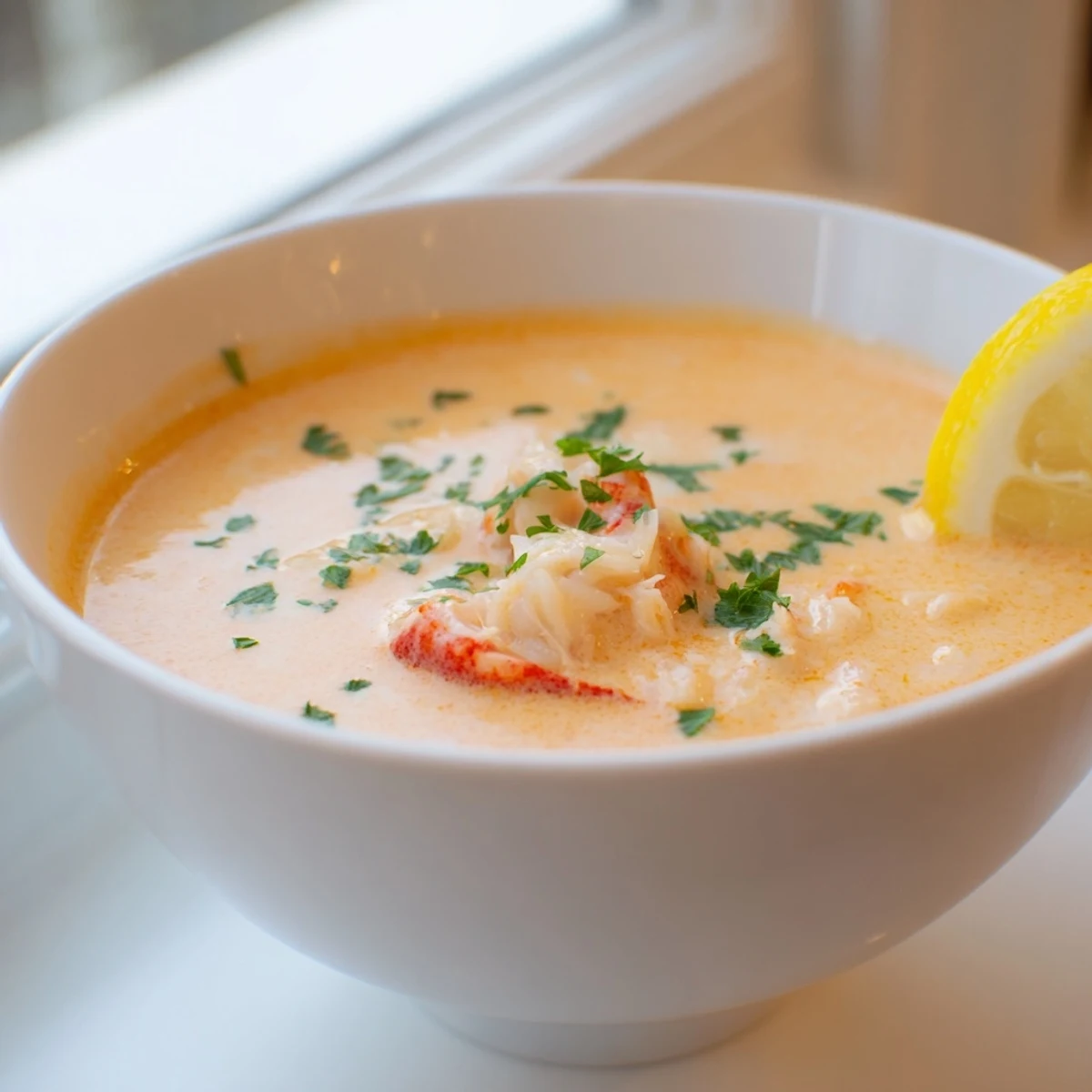 Velvety crab and shrimp bisque served with crusty bread on a cozy evening